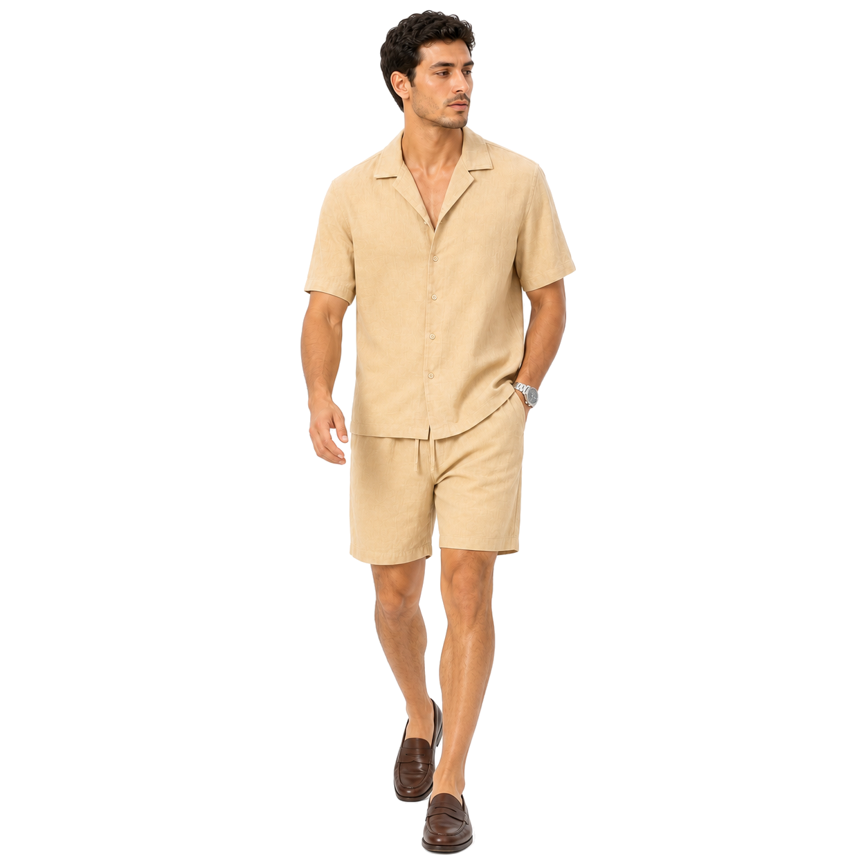 WEELZ Soft Camp-Collar Shirt & Shorts Set — Beige, model look 3