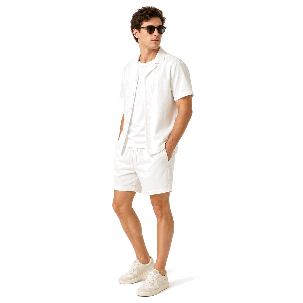 WEELZ Soft Camp-Collar Shirt & Shorts Set — White, model look 3