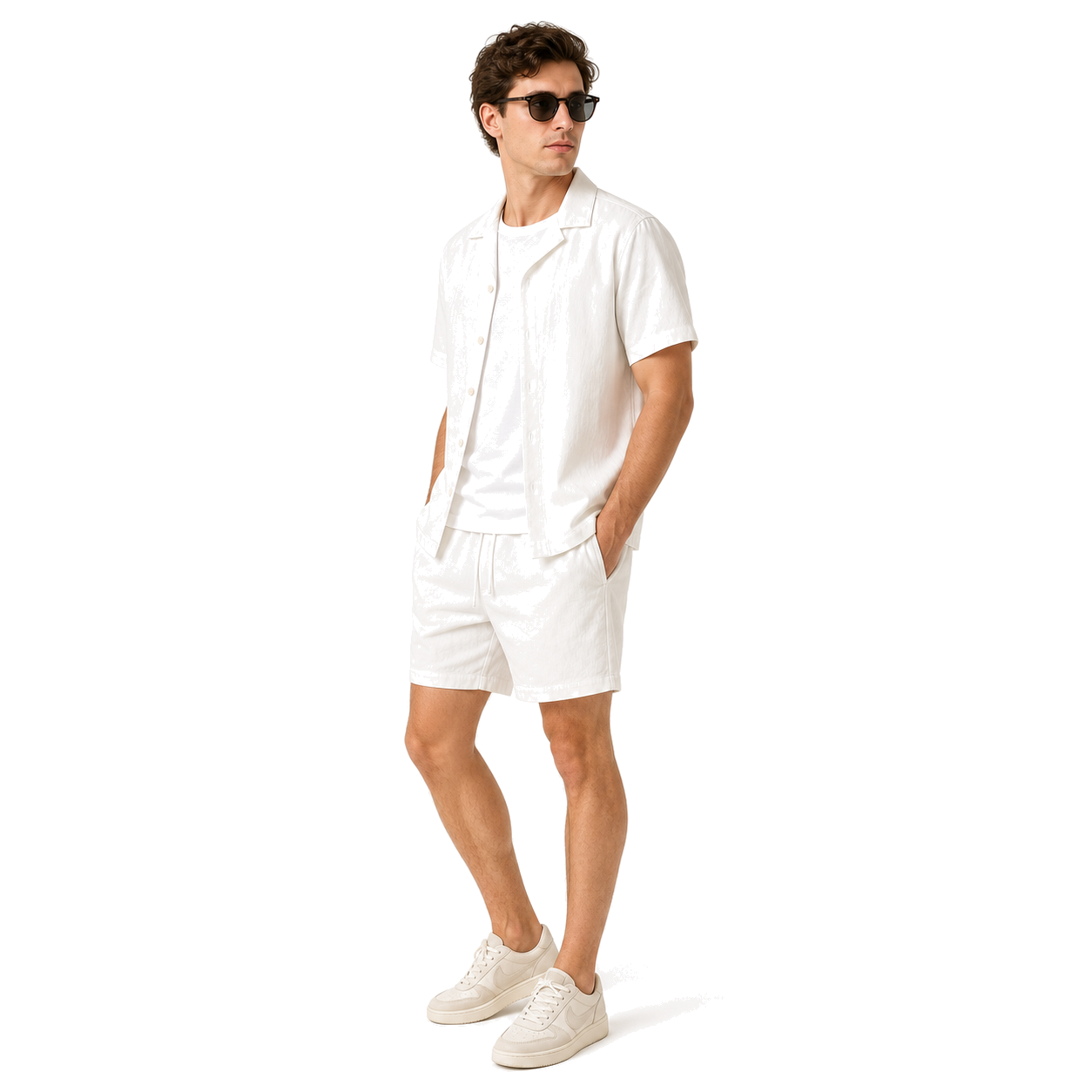 WEELZ Soft Camp-Collar Shirt & Shorts Set — White, model look 3