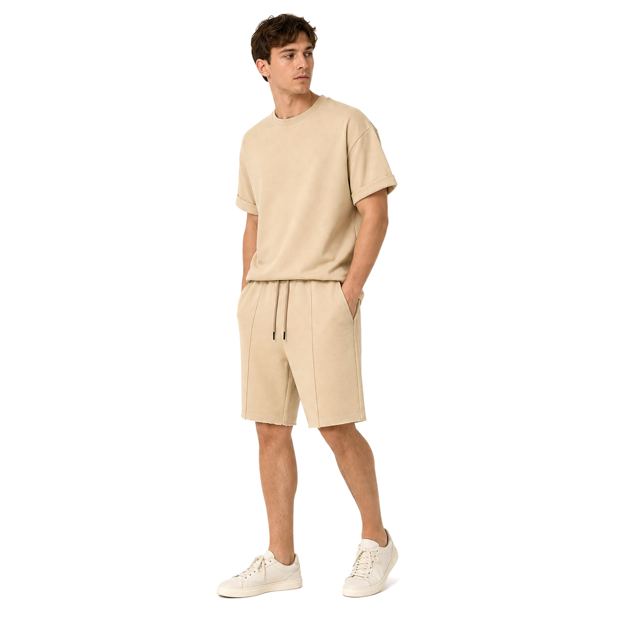 WEELZ cooling cotton crew-neck T-shirt and shorts set in beige, styled model view three