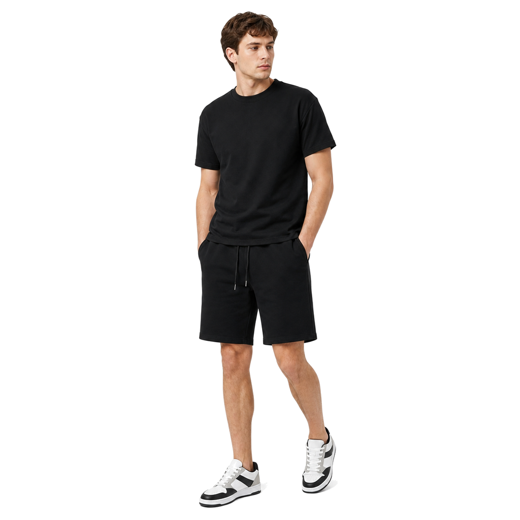 WEELZ cooling cotton crew-neck T-shirt and shorts set in black, styled model view three