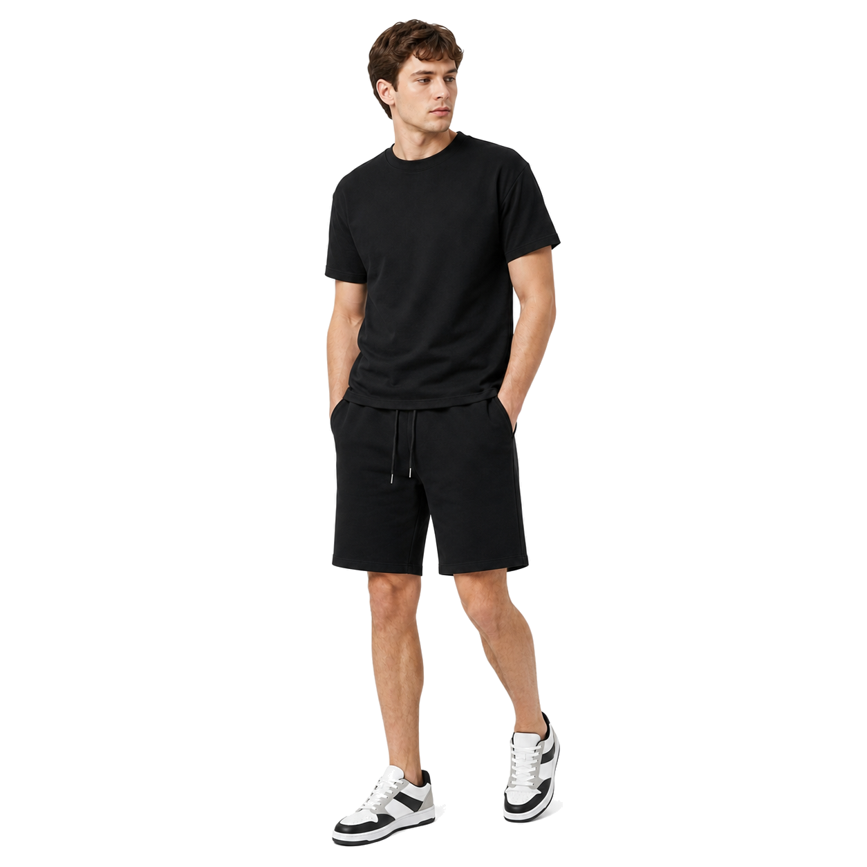 WEELZ cooling cotton crew-neck T-shirt and shorts set in black, styled model view three