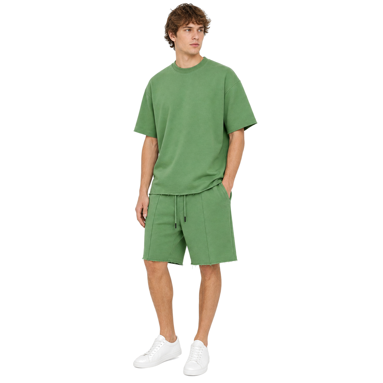 WEELZ cooling cotton crew-neck T-shirt and shorts set in green, styled model view three