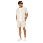 WEELZ striped linen shirt and shorts set in beige and sky blue, model look three