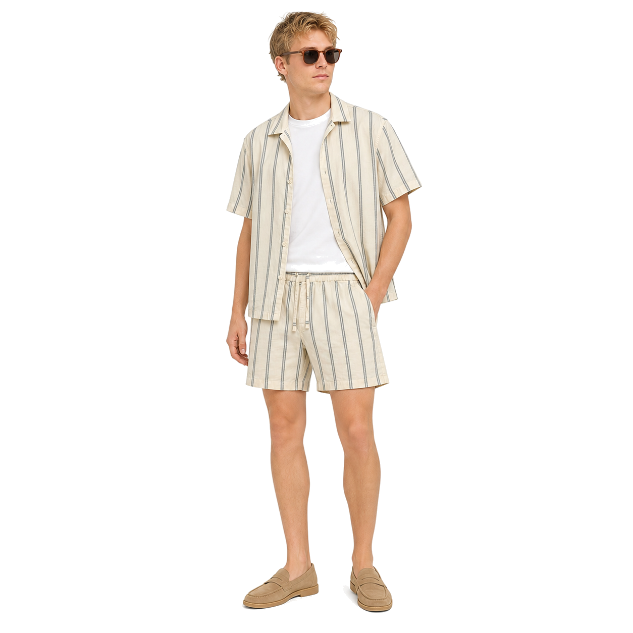 WEELZ striped linen shirt and shorts set in off-white and petrol, model look three