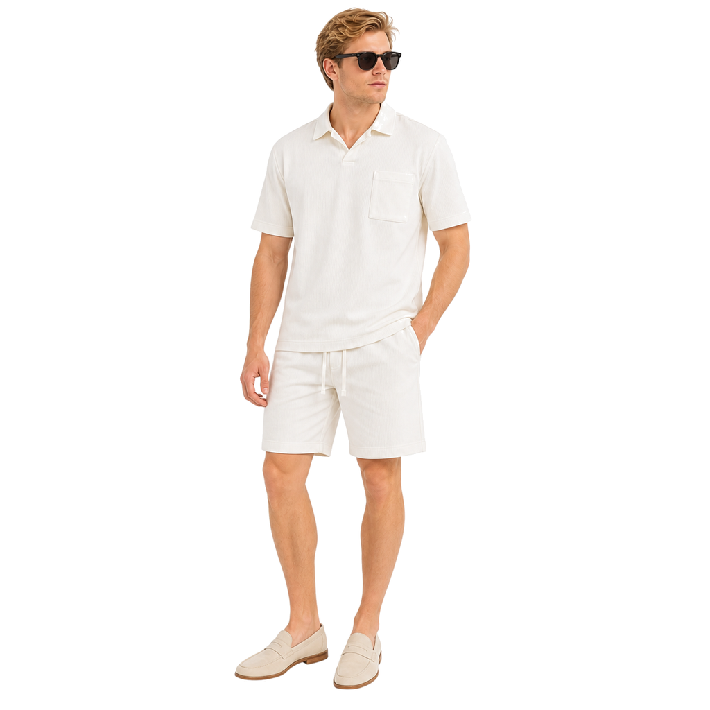 WEELZ pocket-collar cotton T-shirt and shorts set in white, model look three
