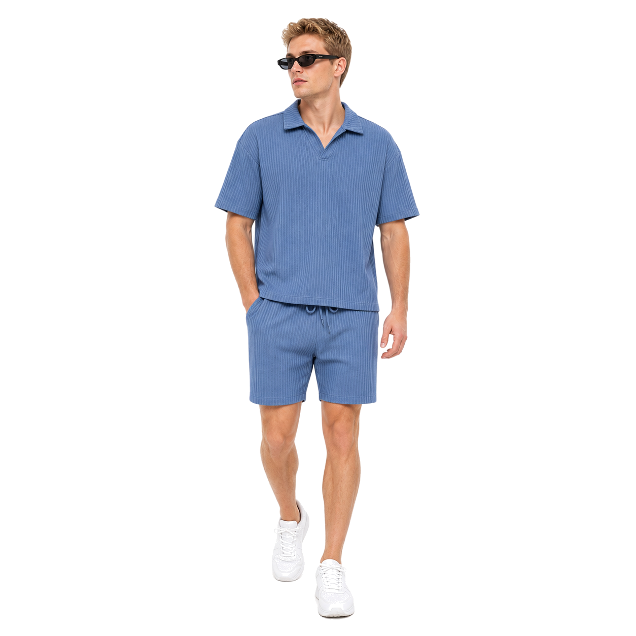 Model walking – WEELZ petrol-blue textured V-collar shorts set