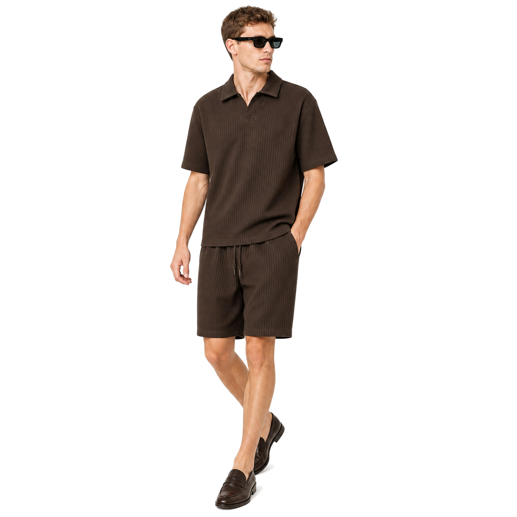 Model walking – WEELZ dark cocoa textured V-collar shorts set