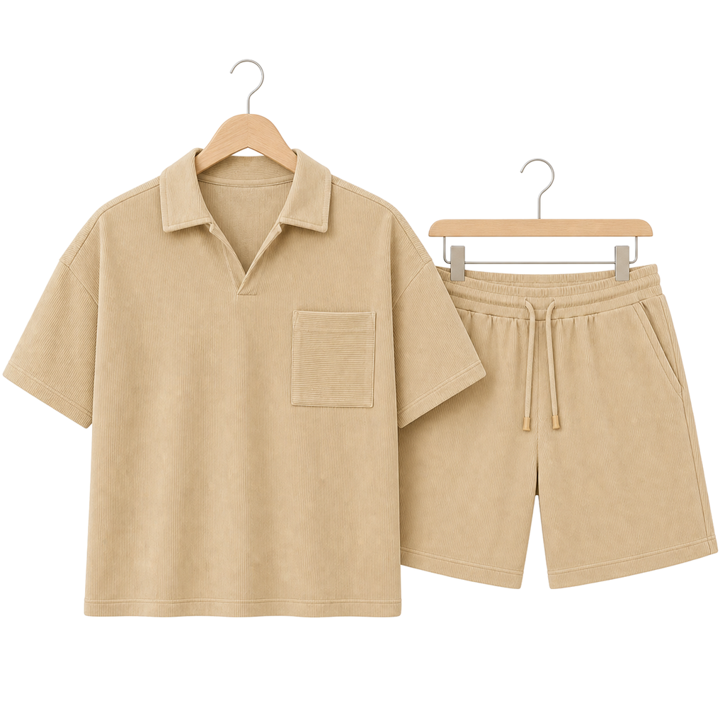WEELZ pocket-collar cotton T-shirt and shorts set in beige, hanger front view