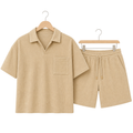 WEELZ pocket-collar cotton T-shirt and shorts set in beige, hanger front view