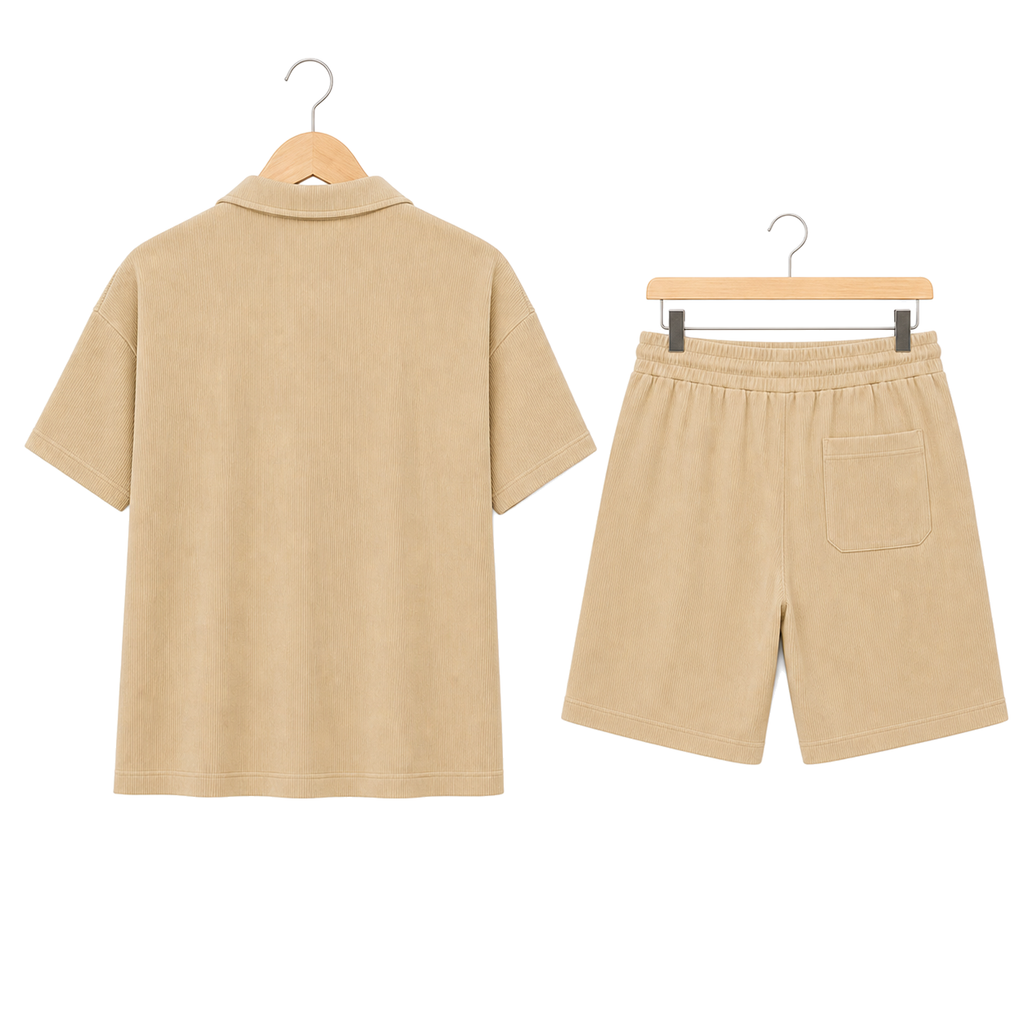 WEELZ pocket-collar cotton T-shirt and shorts set in beige, hanger rear view