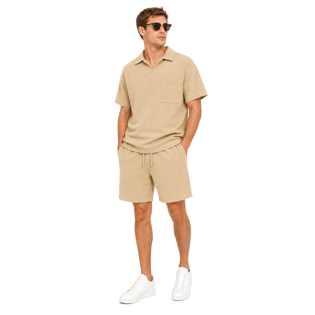 WEELZ pocket-collar cotton T-shirt and shorts set in beige, model look one
