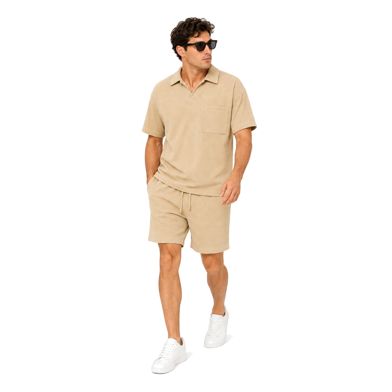 WEELZ pocket-collar cotton T-shirt and shorts set in beige, model look two