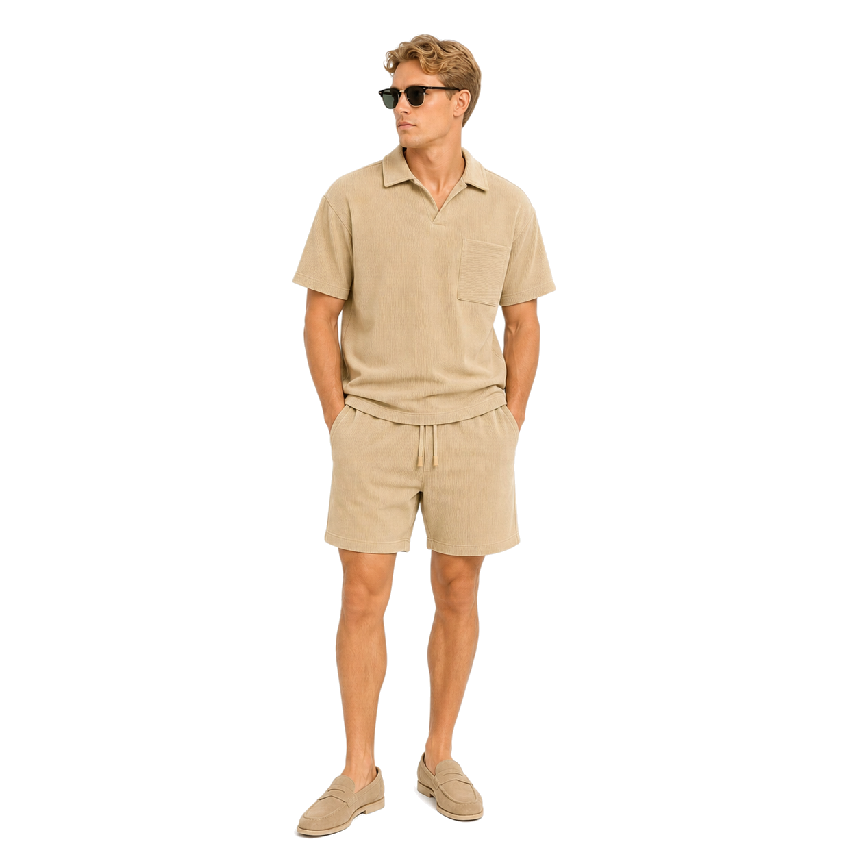WEELZ pocket-collar cotton T-shirt and shorts set in beige, model look three
