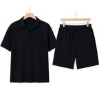 WEELZ pocket-collar cotton T-shirt and shorts set in black, hanger front view