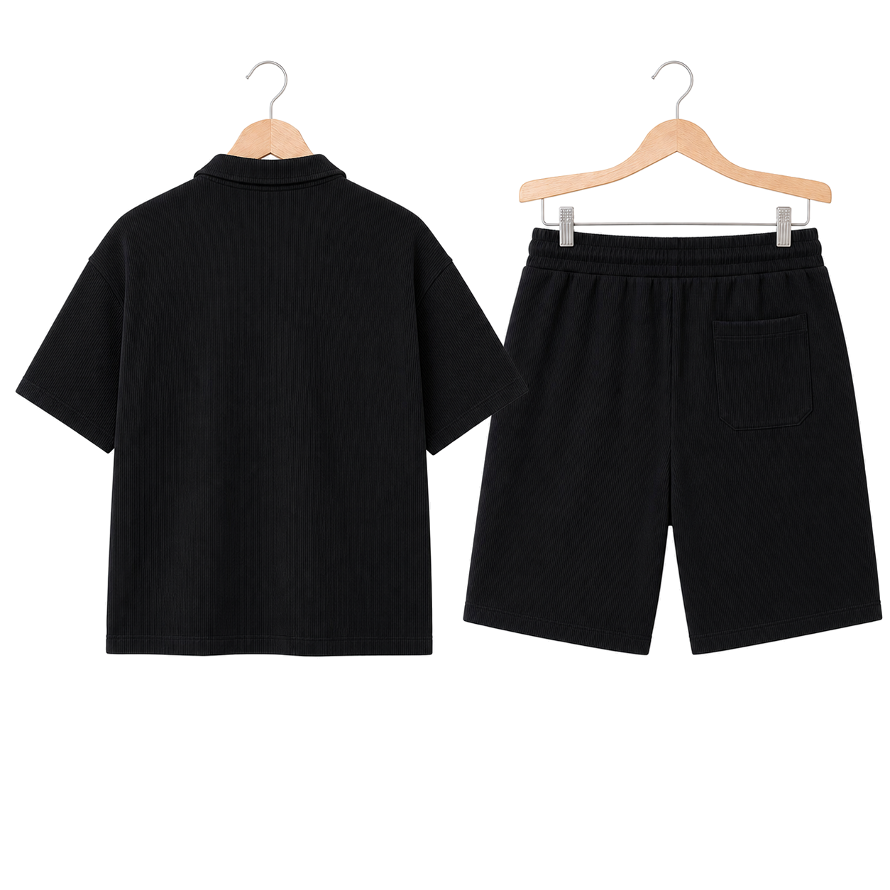 WEELZ pocket-collar cotton T-shirt and shorts set in black, hanger rear view