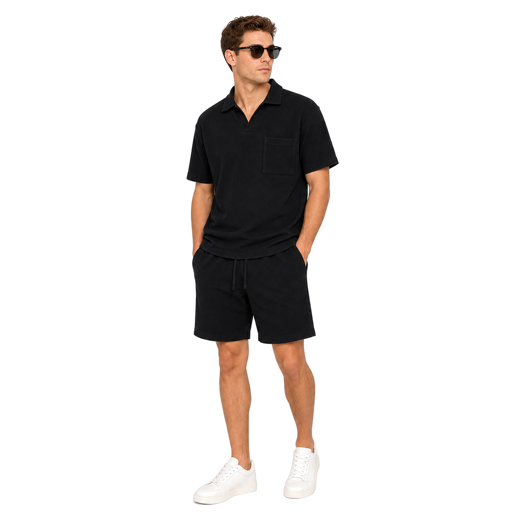 WEELZ pocket-collar cotton T-shirt and shorts set in black, model look one
