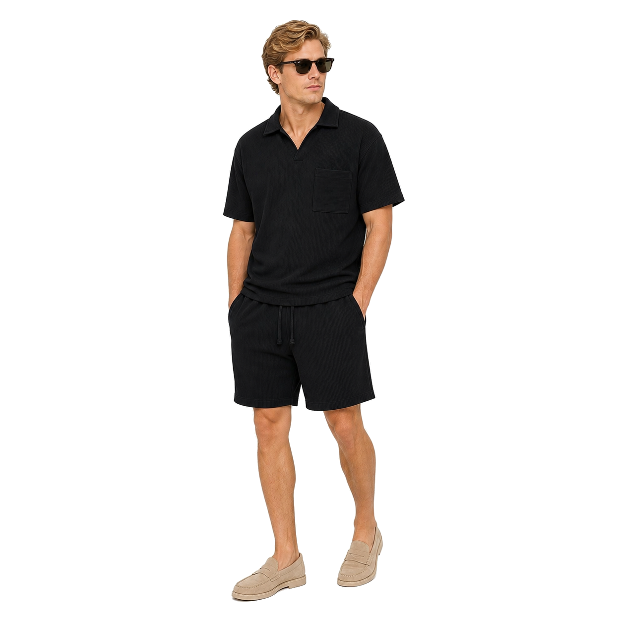 WEELZ pocket-collar cotton T-shirt and shorts set in black, model look three