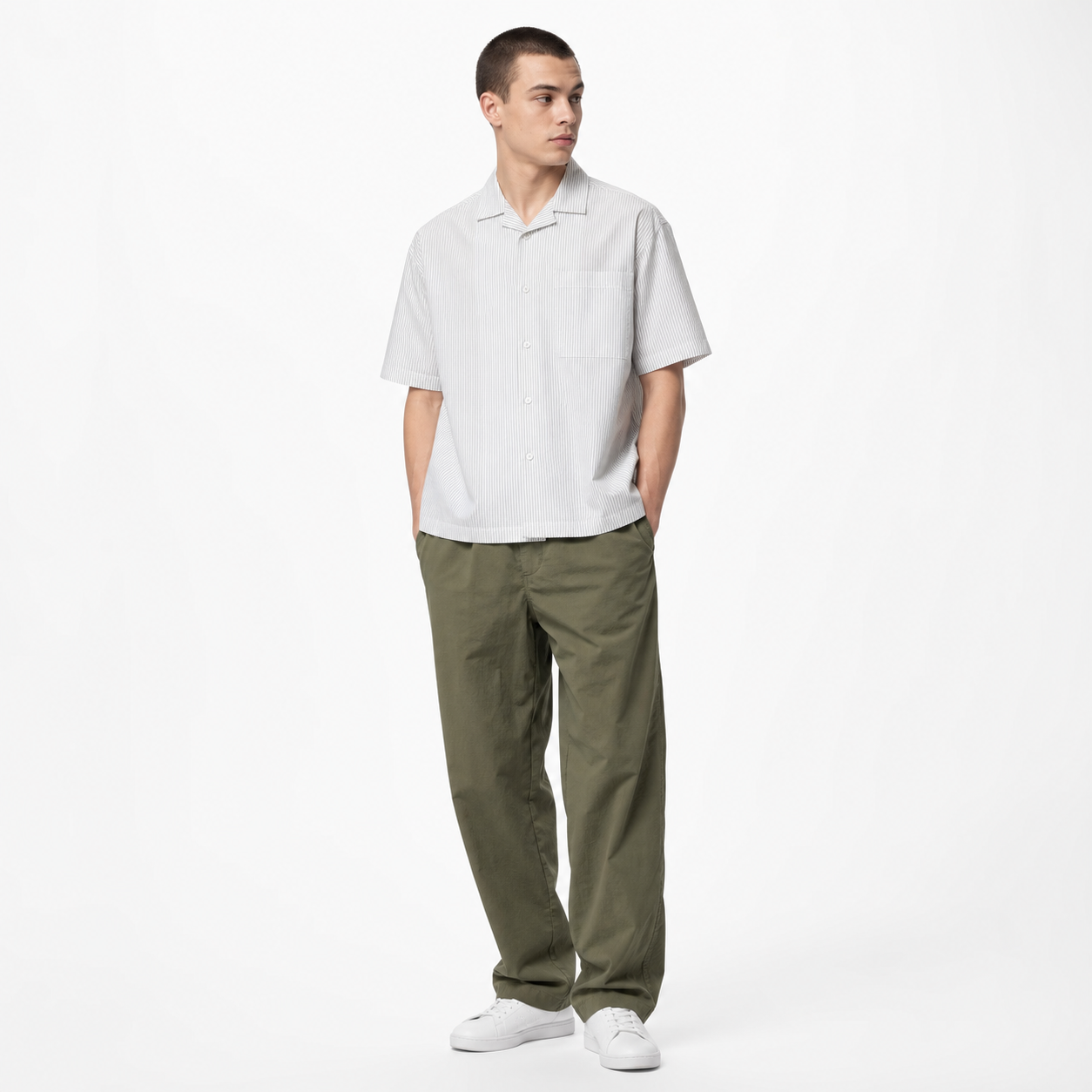 WEELZ striped box-fit short-sleeve shirt Beige — model 2