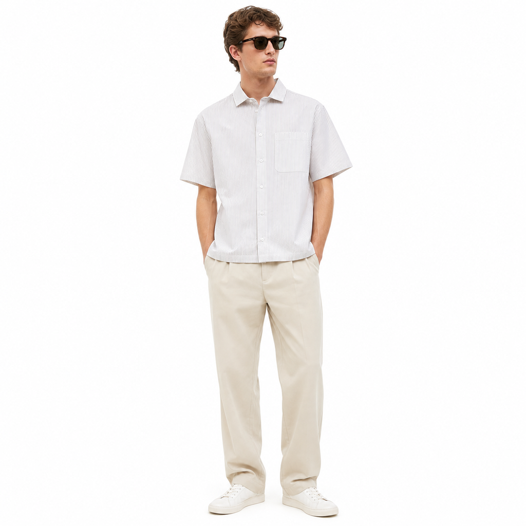 WEELZ striped box-fit short-sleeve shirt Beige — model 3