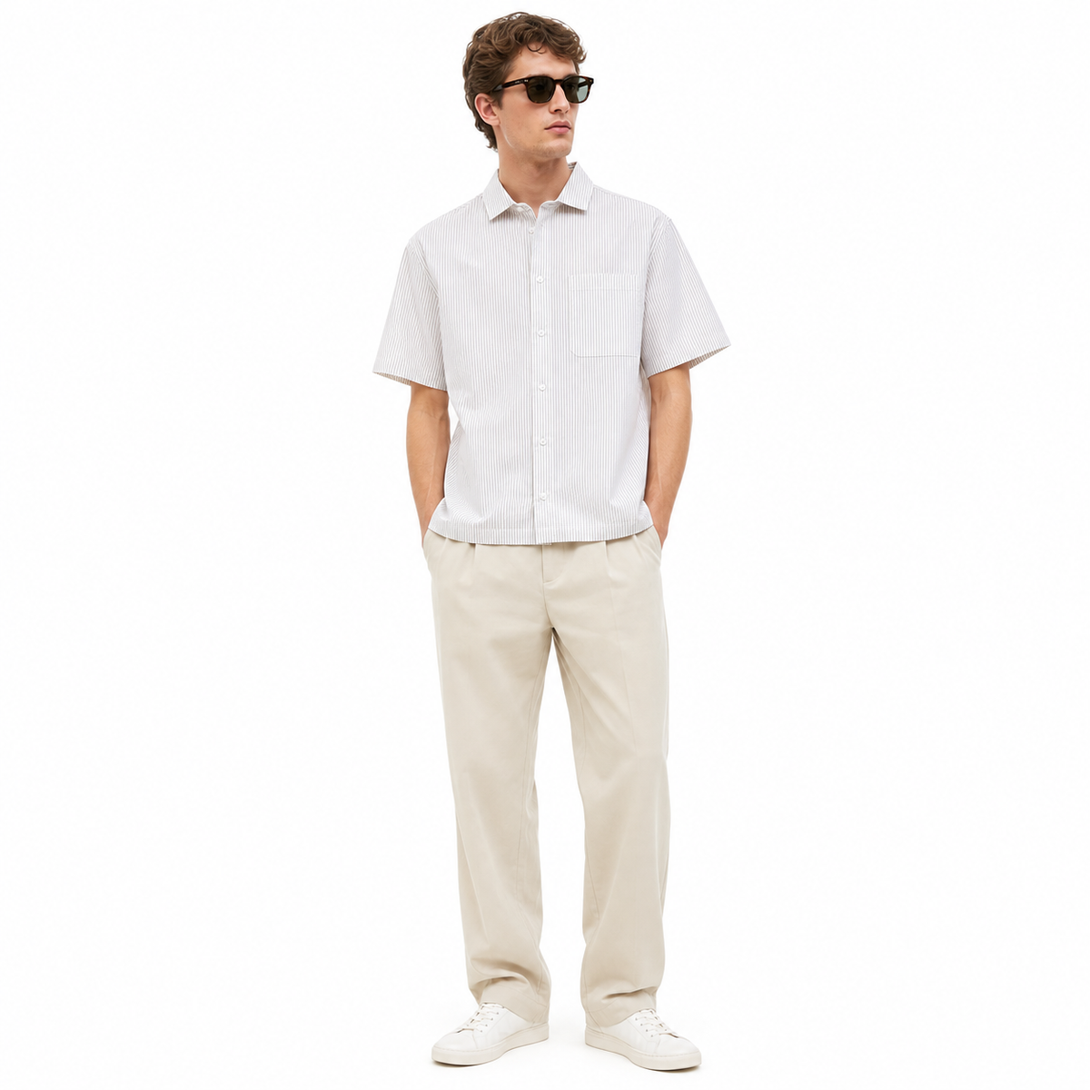 WEELZ striped box-fit short-sleeve shirt Beige — model 3