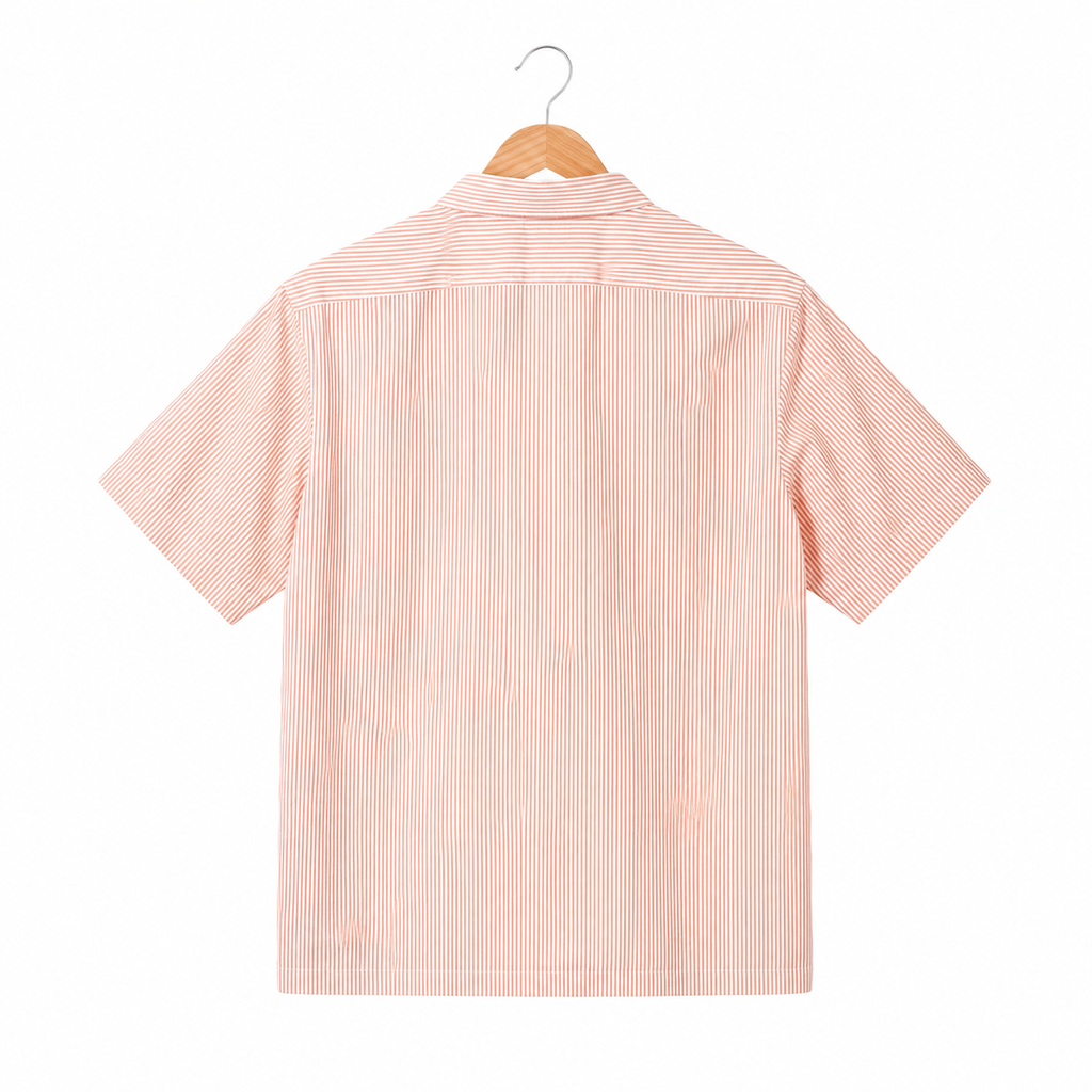 WEELZ striped box-fit short-sleeve shirt Coral Orange — back hanger