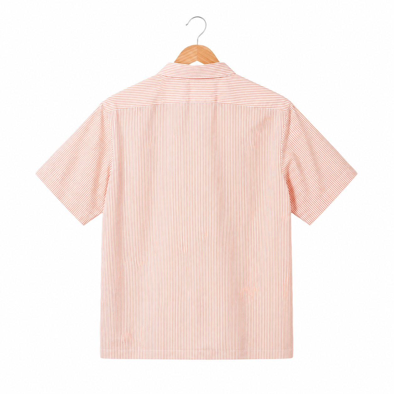 WEELZ striped box-fit short-sleeve shirt Coral Orange — back hanger