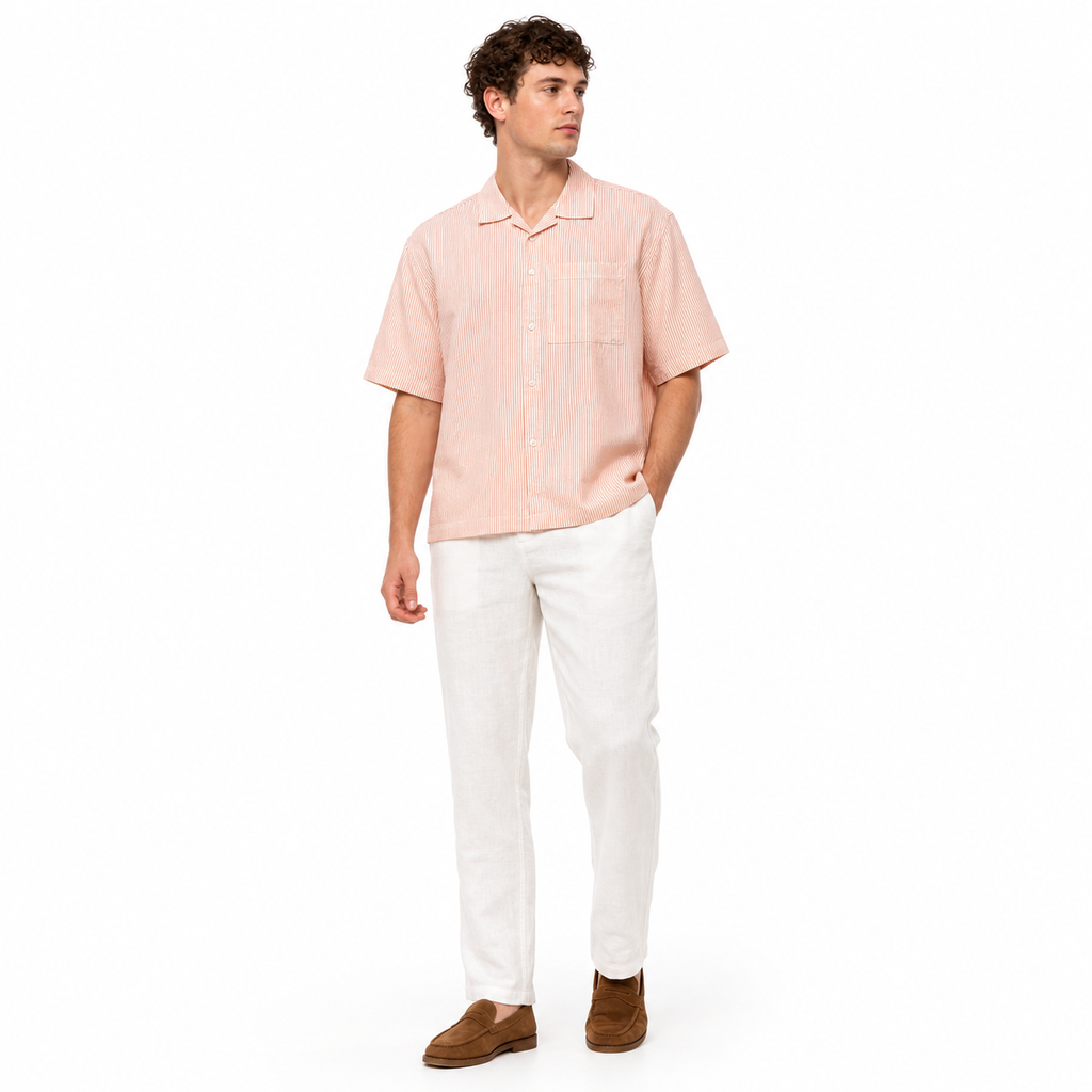 WEELZ striped box-fit short-sleeve shirt Coral Orange — model 1