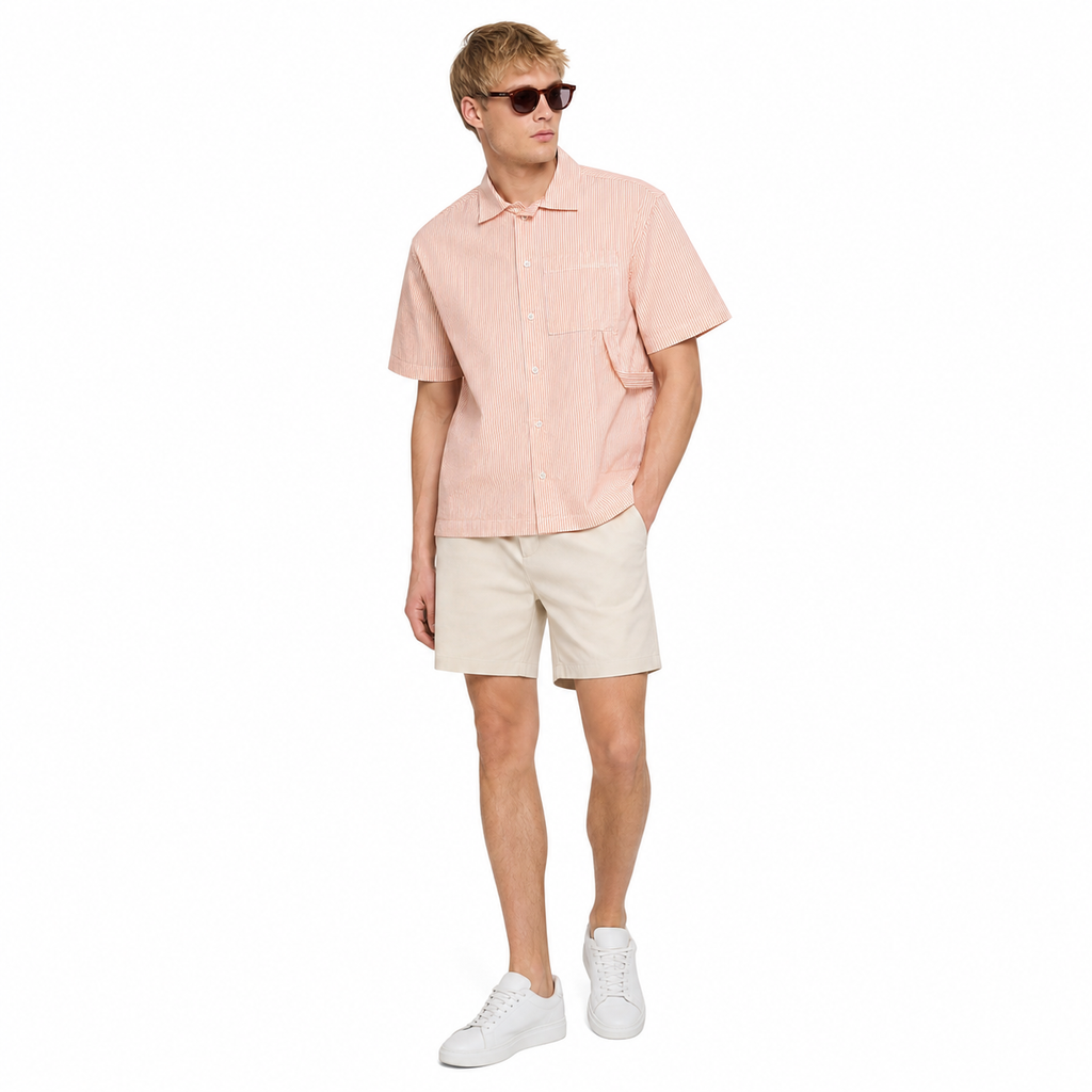 WEELZ striped box-fit short-sleeve shirt Coral Orange — model 2