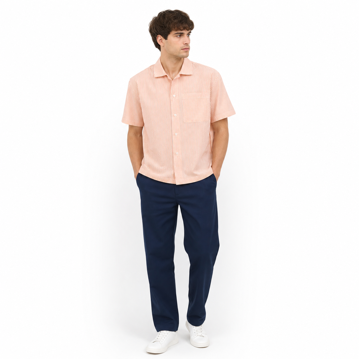 WEELZ striped box-fit short-sleeve shirt Coral Orange — model 3