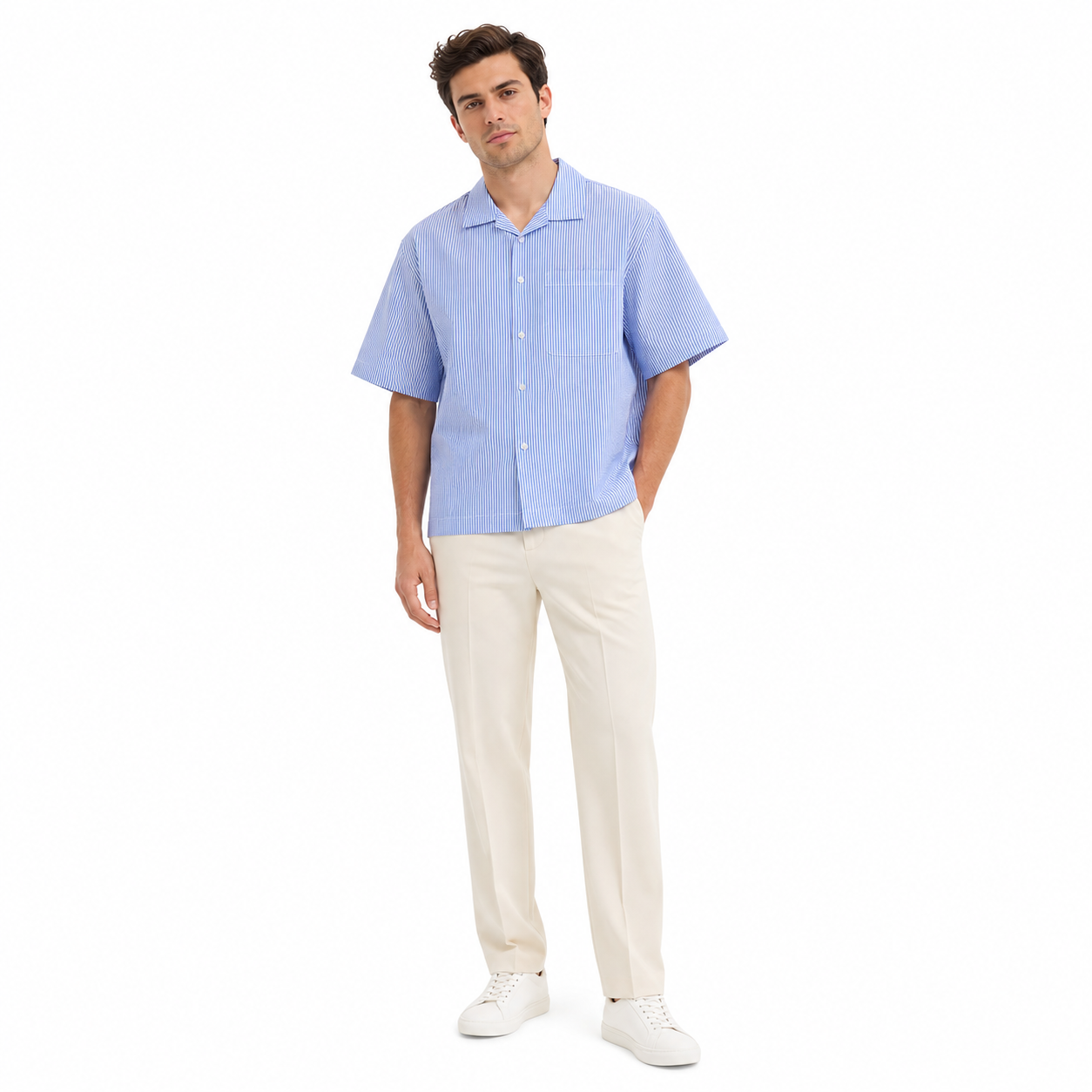 WEELZ striped box-fit short-sleeve shirt Sky Blue — model 1