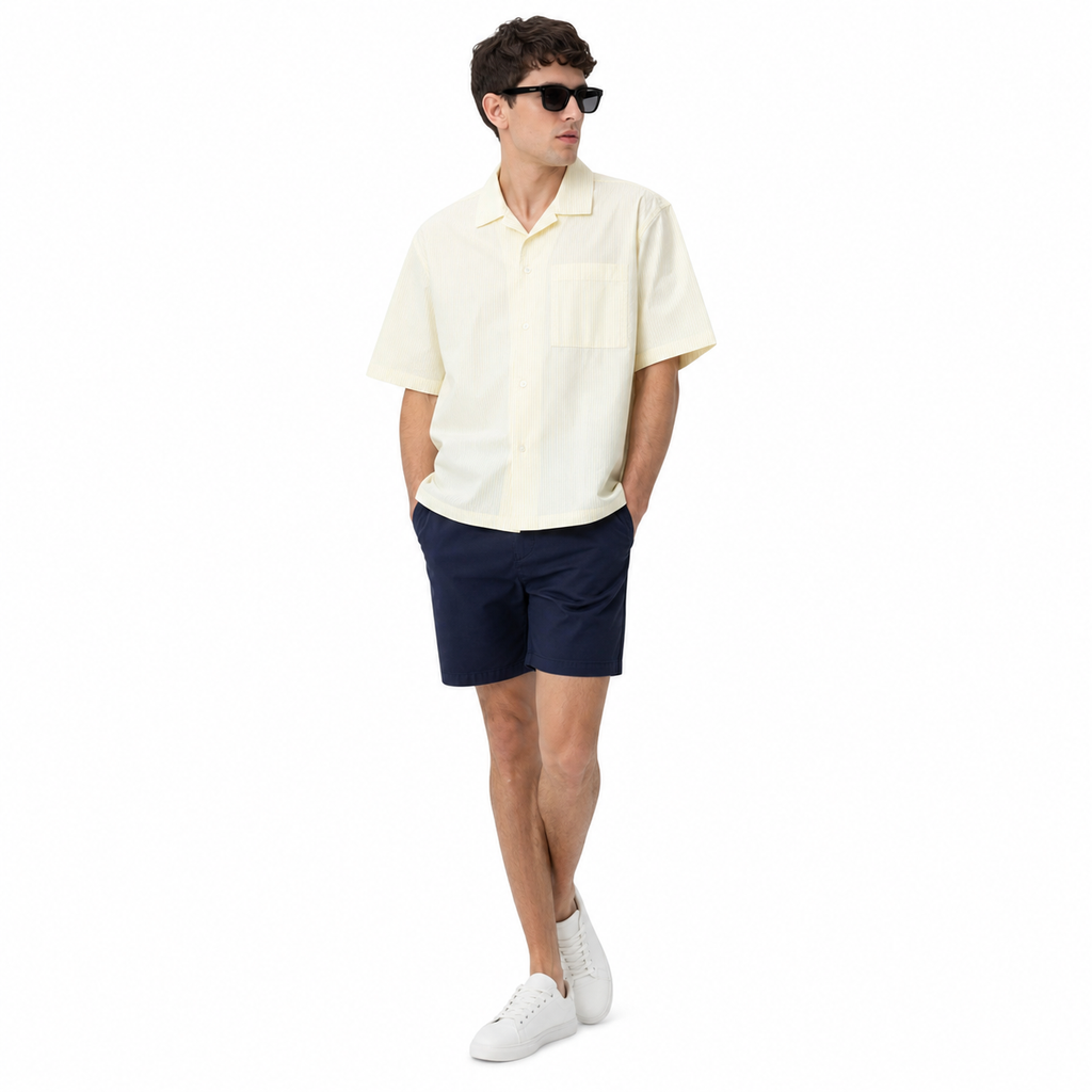 WEELZ striped box-fit short-sleeve shirt Soft Yellow — model 2