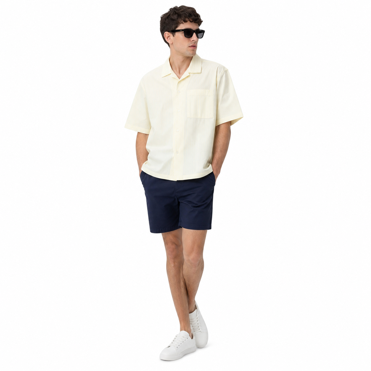 WEELZ striped box-fit short-sleeve shirt Soft Yellow — model 2