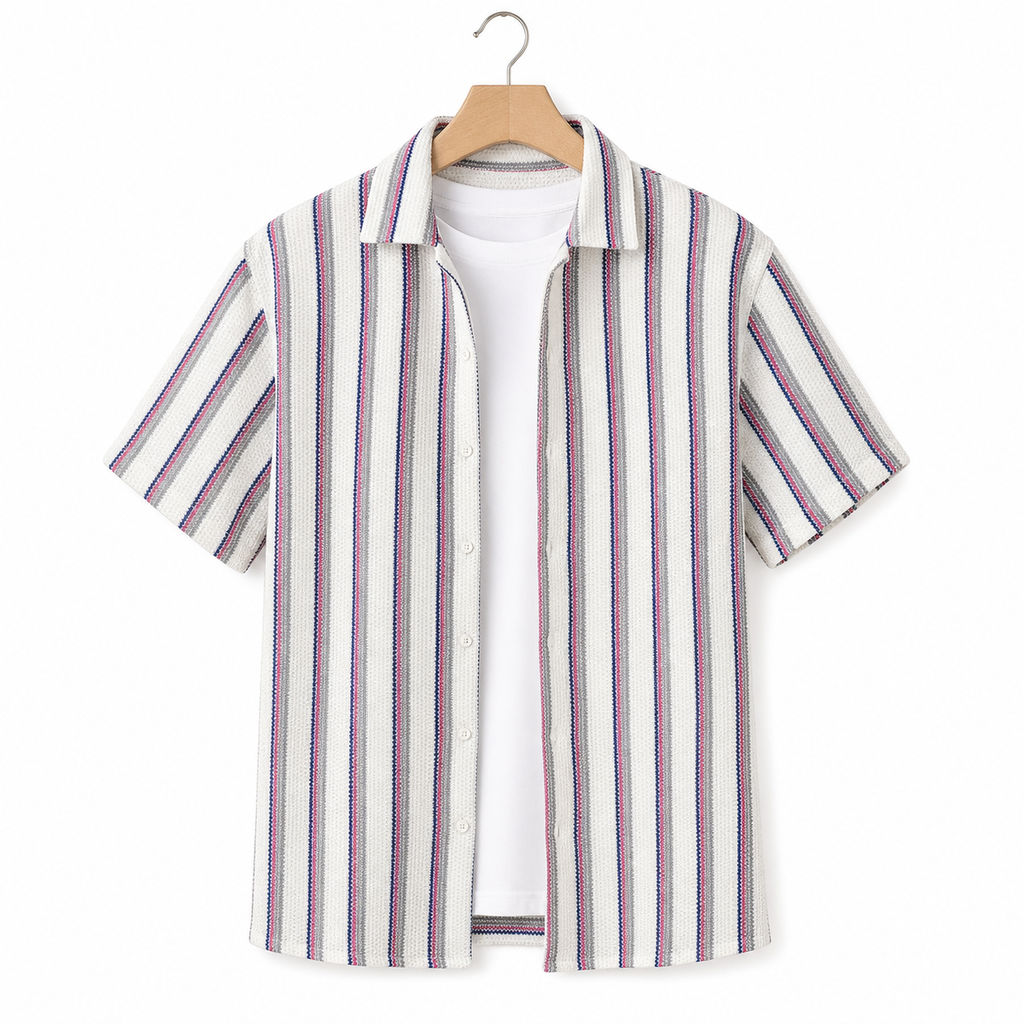 WEELZ Striped Mesh Knit Shirt — Burgundy Stripe — 01 hanger front
