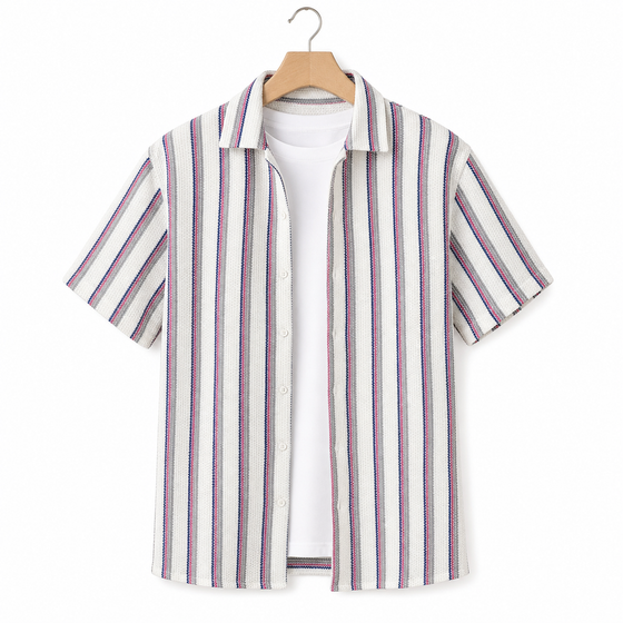 WEELZ Striped Mesh Knit Shirt — Burgundy Stripe — 01 hanger front