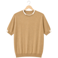 WEELZ Contrast-Trim Crew Neck Knit T-Shirt — Beige — front hanging view