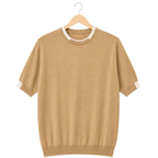 WEELZ Contrast-Trim Crew Neck Knit T-Shirt — Beige — front hanging view