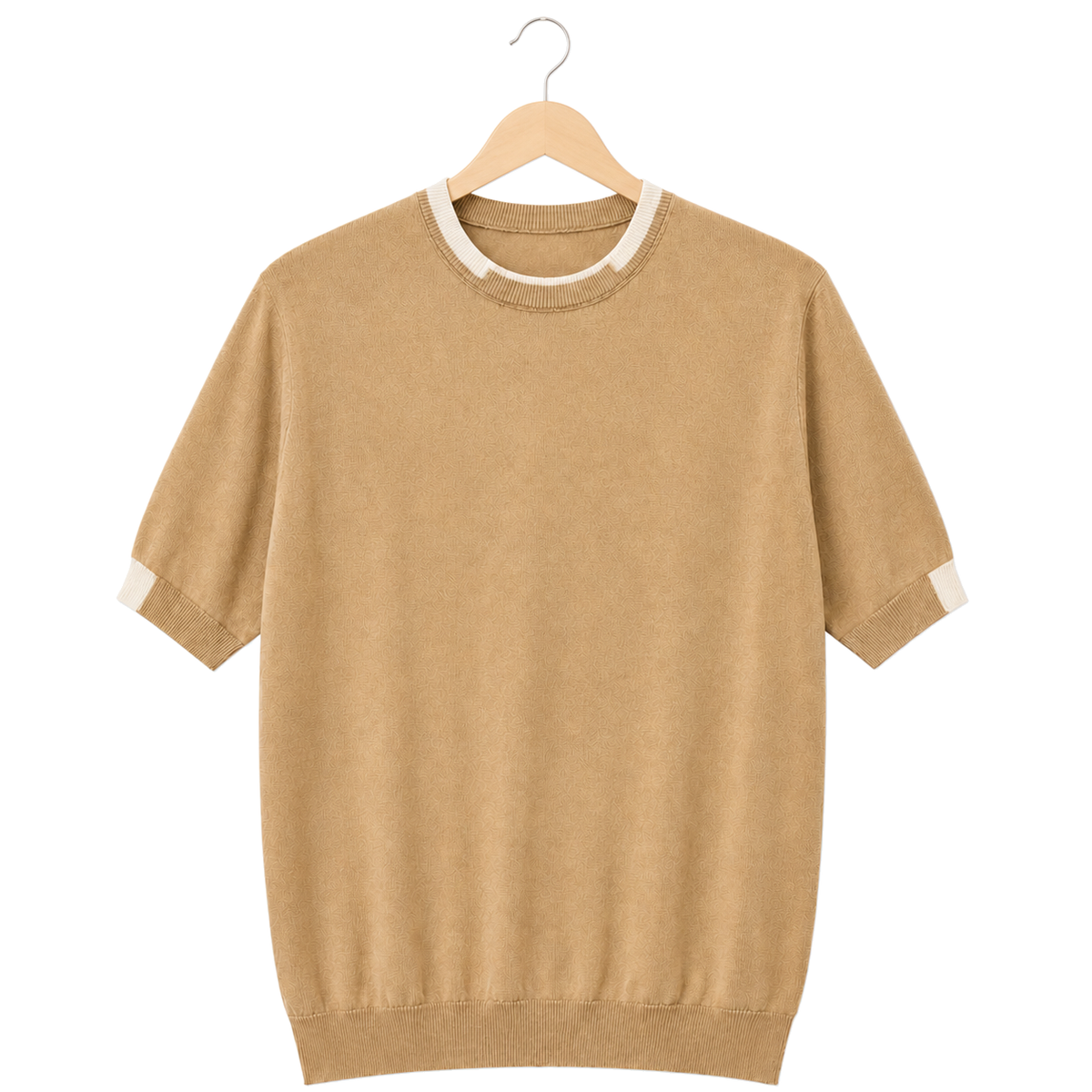 WEELZ Contrast-Trim Crew Neck Knit T-Shirt — Beige — front hanging view