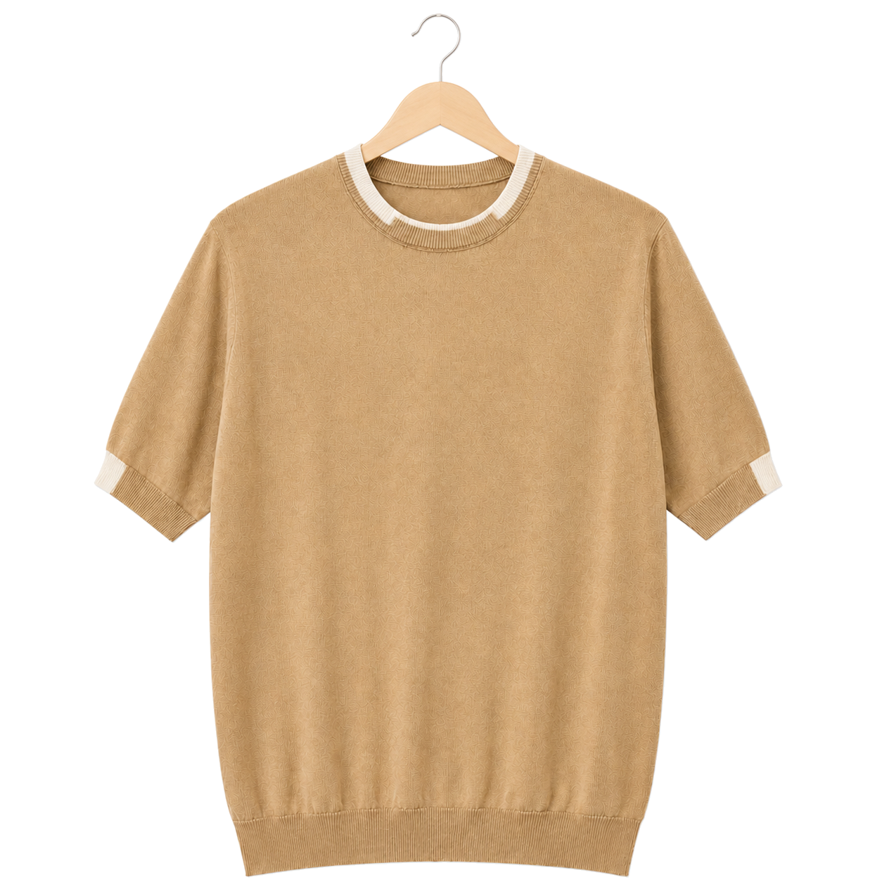 WEELZ Contrast-Trim Crew Neck Knit T-Shirt — Beige — front hanging view