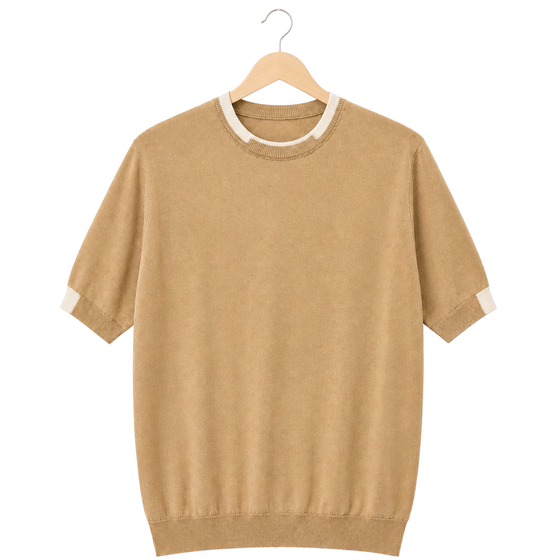 WEELZ Contrast-Trim Crew Neck Knit T-Shirt — Beige — front hanging view