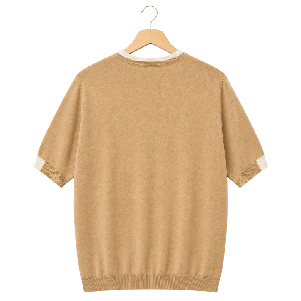WEELZ Contrast-Trim Crew Neck Knit T-Shirt — Beige — back hanging view