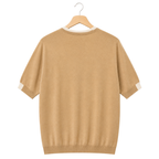 WEELZ Contrast-Trim Crew Neck Knit T-Shirt — Beige — back hanging view