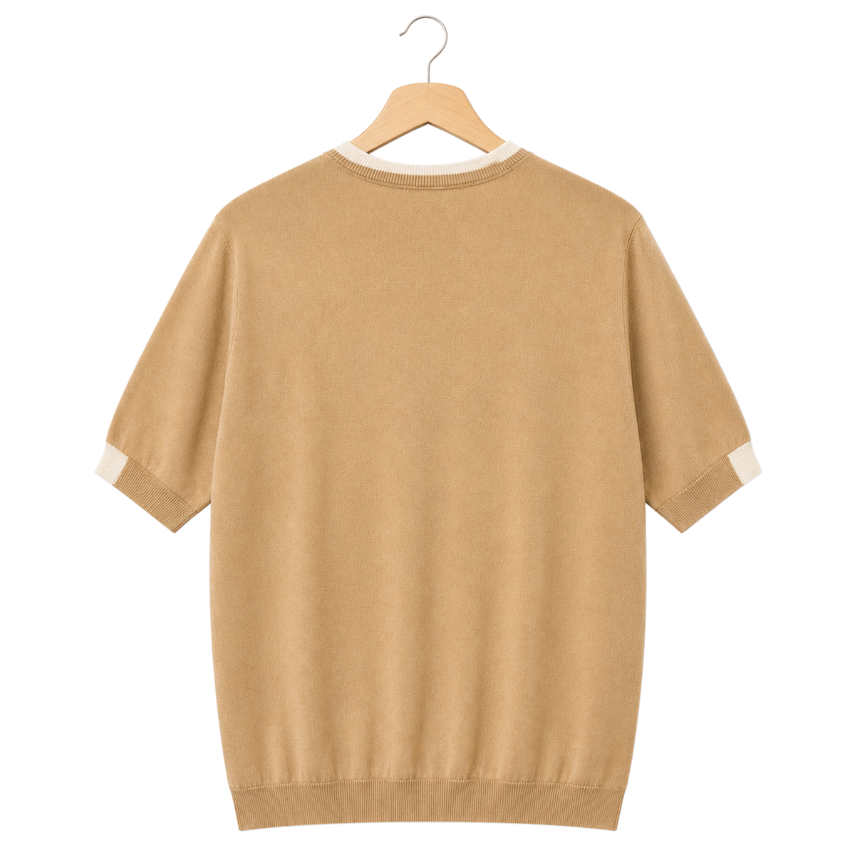 WEELZ Contrast-Trim Crew Neck Knit T-Shirt — Beige — back hanging view