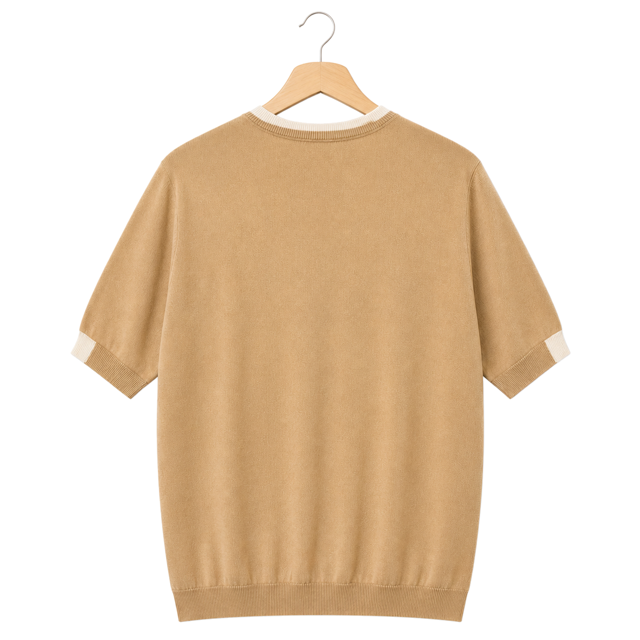 WEELZ Contrast-Trim Crew Neck Knit T-Shirt — Beige — back hanging view