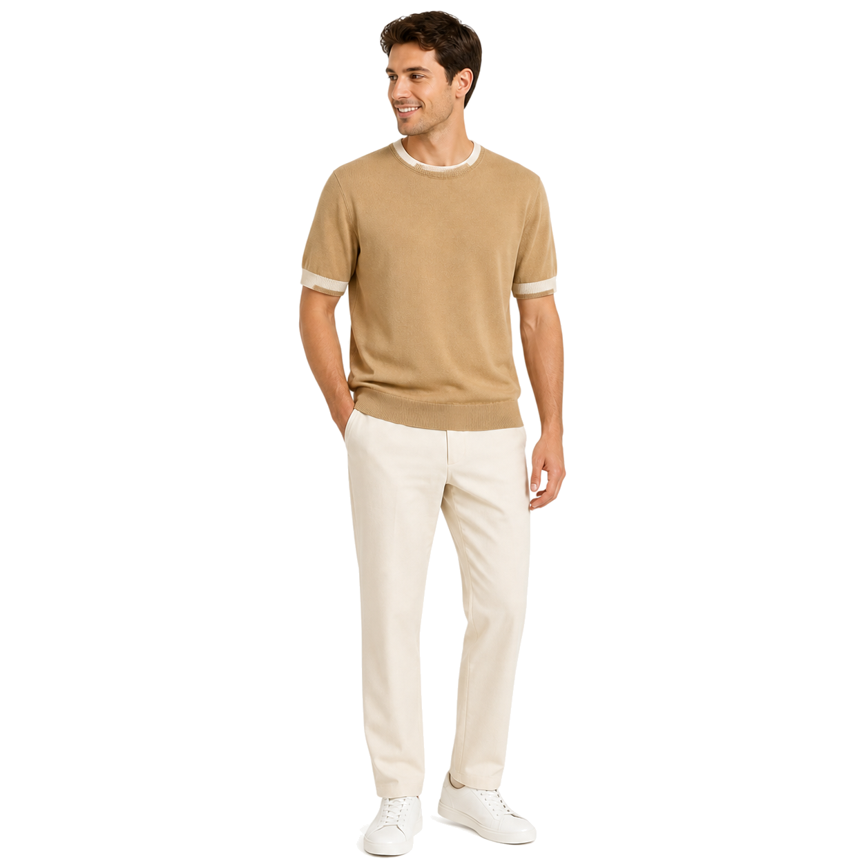 WEELZ Contrast-Trim Crew Neck Knit T-Shirt — Beige — model look 1