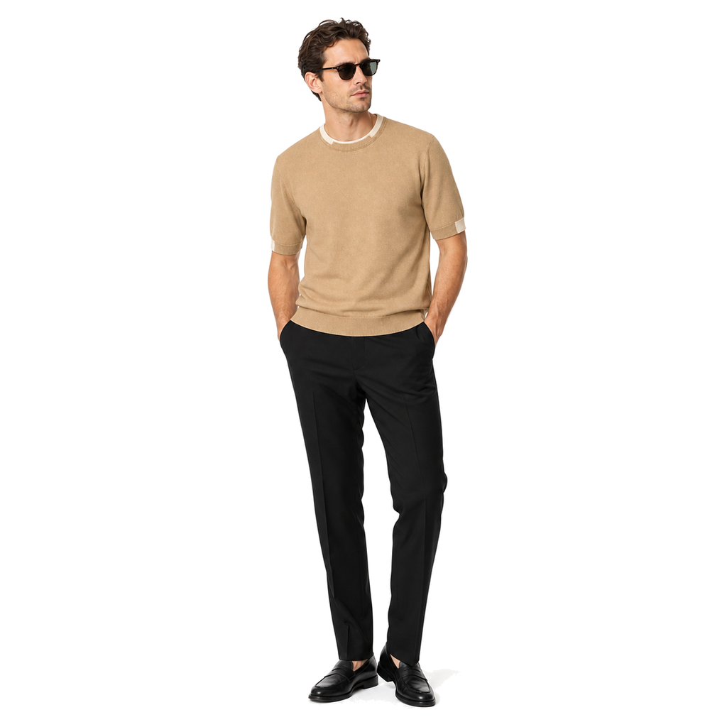 WEELZ Contrast-Trim Crew Neck Knit T-Shirt — Beige — model look 3
