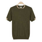 WEELZ Contrast-Trim Crew Neck Knit T-Shirt — Olive — front hanging view