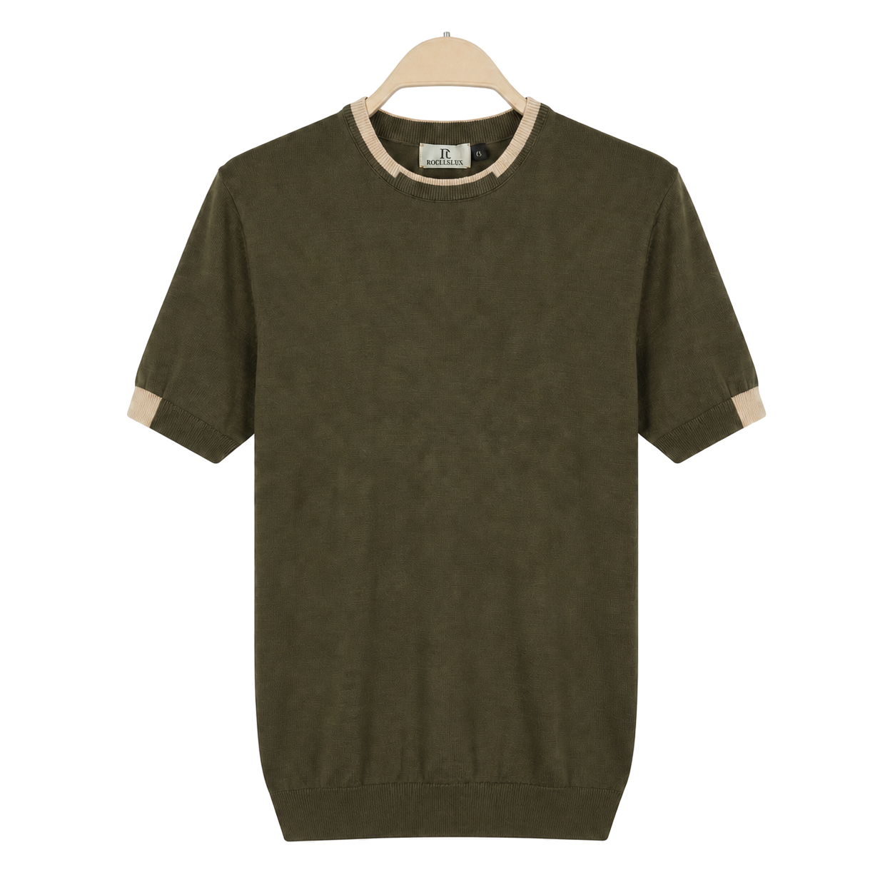 WEELZ Contrast-Trim Crew Neck Knit T-Shirt — Olive — front hanging view