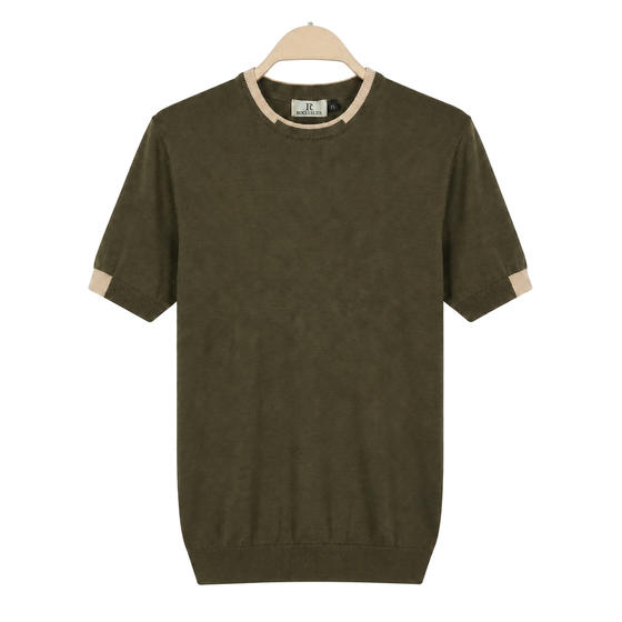 WEELZ Contrast-Trim Crew Neck Knit T-Shirt — Olive — front hanging view