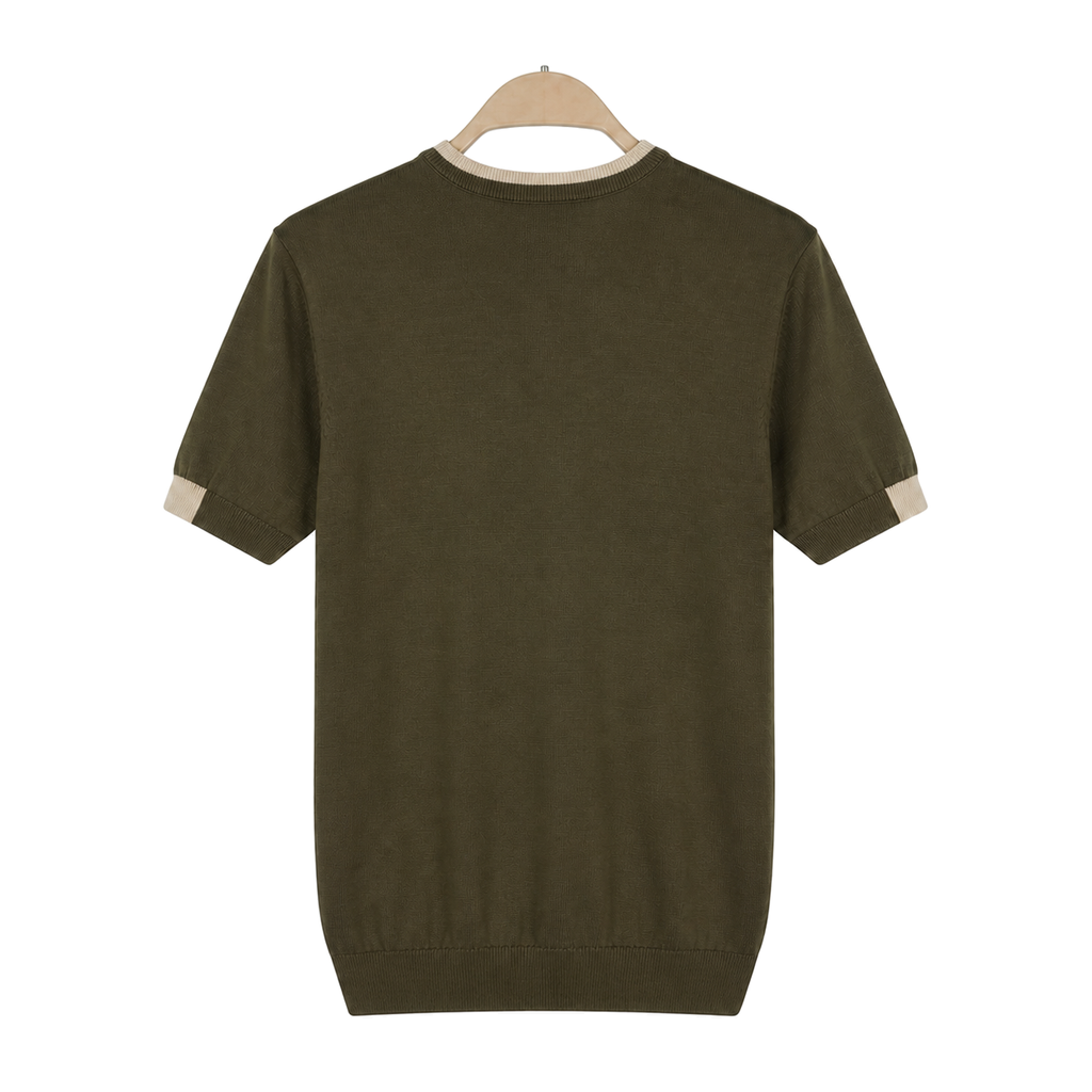 WEELZ Contrast-Trim Crew Neck Knit T-Shirt — Olive — back hanging view
